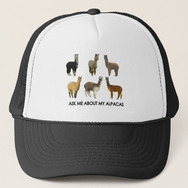 Ask me about my alpacas trucker hat (Front)