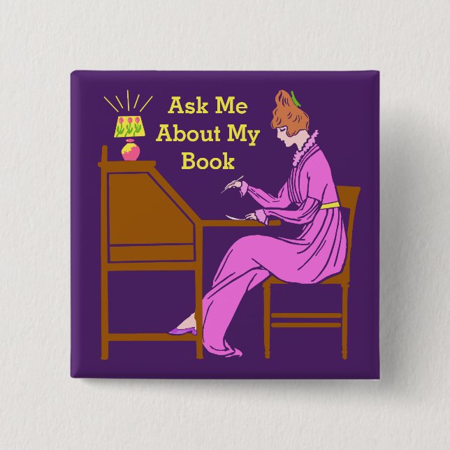Ask Me About My Book Art Deco Lady Author 15 Cm Square Badge (Front)