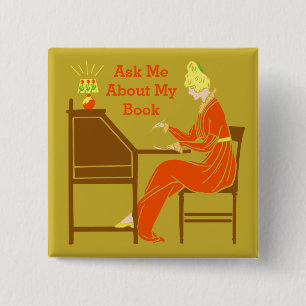 Ask Me About My Book Art Deco Lady Author 15 Cm Square Badge