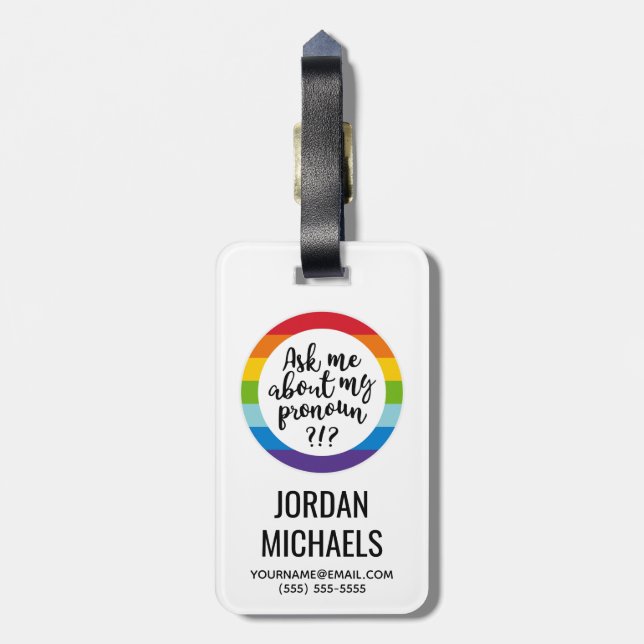 Ask Me About My Pronoun? Luggage Tag (Back Vertical)