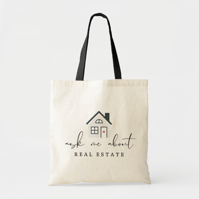 Ask Me About Real Estate Realtor Marketing Tote Bag (Front)