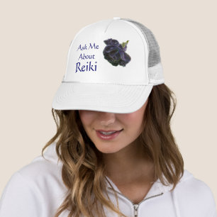 Ask Me About Reiki Purple Rose Trucker Hat
