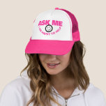Ask me I happy to help customer service pink Trucker Hat<br><div class="desc">Typographical slogan hat in bright hot pink. Reads: Ask me I am happy to help. Perfect to encourage interaction with customers or the public at events or in retail stores. Designed by www.mylittleeden.com</div>