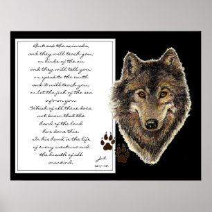Ask the Animals Scripture from Job Watercolor Wolf Poster