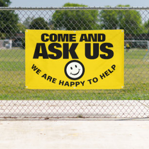 Ask us we are happy to help yellow black smile banner