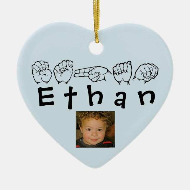 ASL American Sign Language Fingerspelled Ethan Ceramic Tree Decoration (Front)