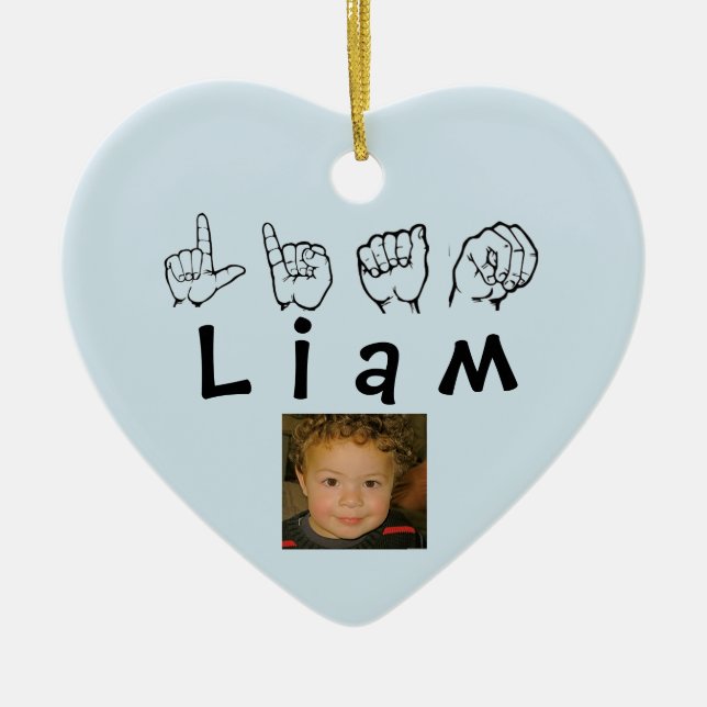 ASL American Sign Language Fingerspelled Liam Ceramic Tree Decoration (Front)