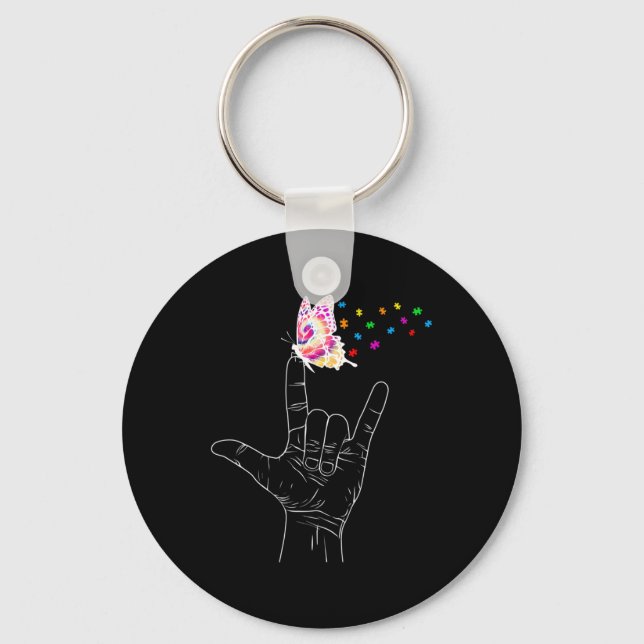 ASL I Love You Hand Sign Language Butterfly Autism Key Ring (Front)