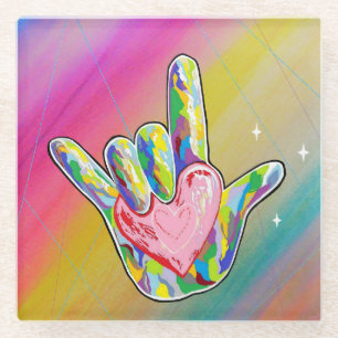 ASL I LOVE YOU Heart Glass Coaster