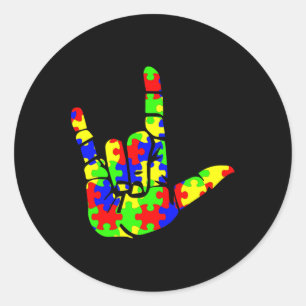 ASL Love Hand Sign Language Puzzle Autism Awarenes Classic Round Sticker