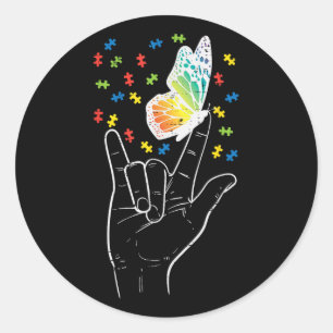 Asl Love Sign Butterfly Puzzle Autism Awareness Sp Classic Round Sticker