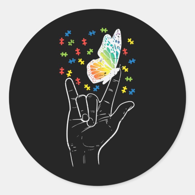 Asl Love Sign Butterfly Puzzle Autism Awareness Sp Classic Round Sticker (Front)