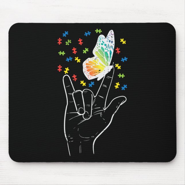 Asl Love Sign Butterfly Puzzle Autism Awareness Sp Mouse Pad (Front)