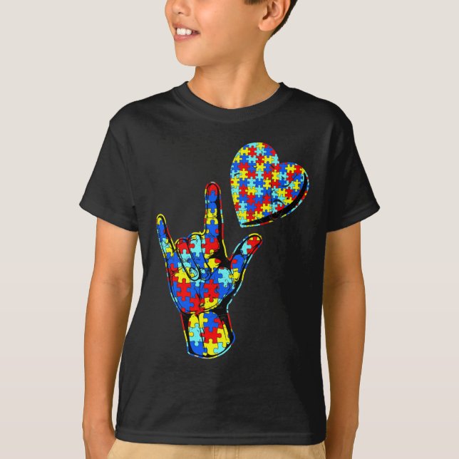 ASL Love Sign Language Autism Awareness Puzzle Kin T-Shirt (Front)