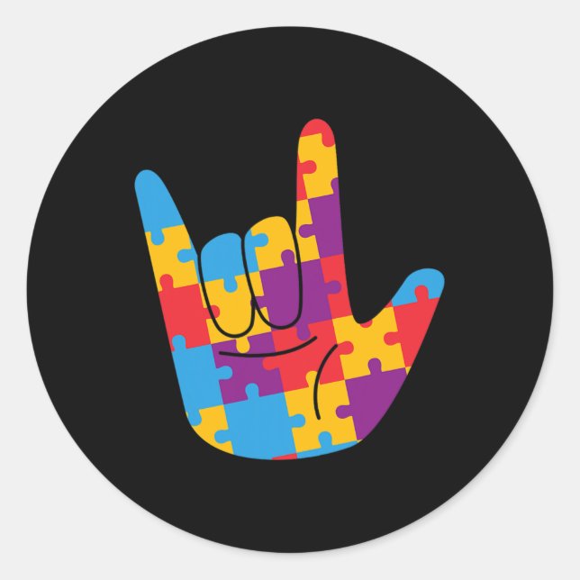 ASL Love Sign Language Autism Awareness Support Cu Classic Round Sticker (Front)