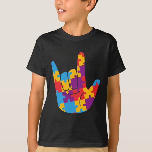 ASL Love Sign Language Autism Awareness Support Cu T-Shirt (Front)