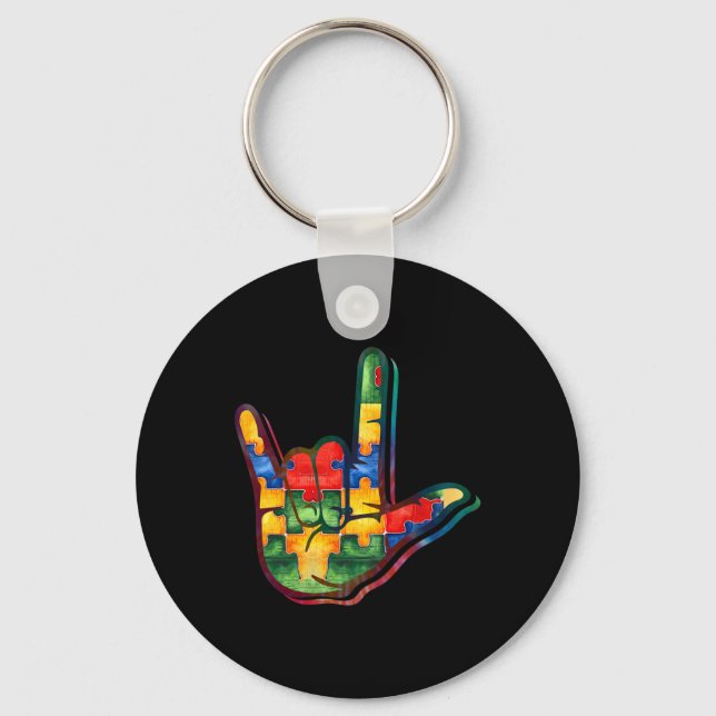 ASL Love Sign Language Autism Awareness Support Pu Key Ring (Front)