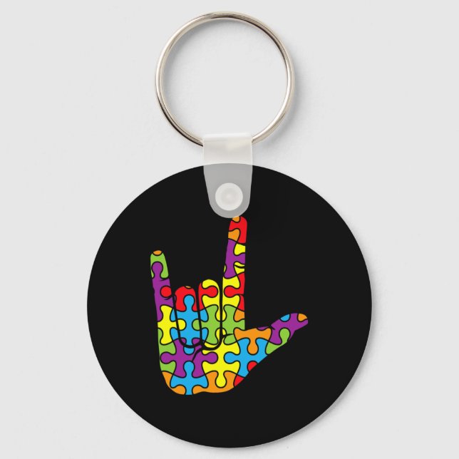 ASL Love Sign Language Autistic Puzzle Autism Awar Key Ring (Front)