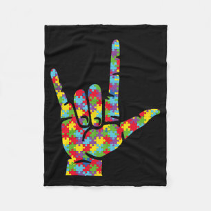 Asl Love Sign Language Hand Autism Awareness Puzzl Fleece Blanket