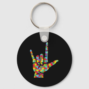 ASL Love Sign Language Hand Autism Awareness Puzzl Key Ring
