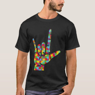 ASL Love Sign Language Hand Autism Awareness Puzzl T-Shirt