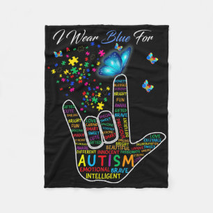 Asl Love Sign Language Hand I Wear Blue For Autism Fleece Blanket