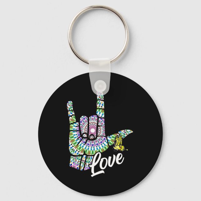 ASL Love You Hand Sign Language Butterfly Deaf Awa Key Ring (Front)