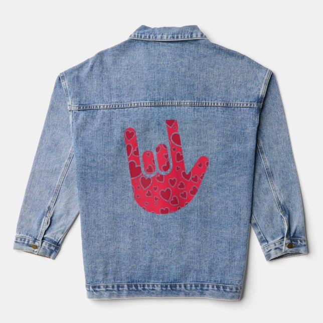Asl Sign Language I Love You Hand Sign Raglan  Denim Jacket (Back)