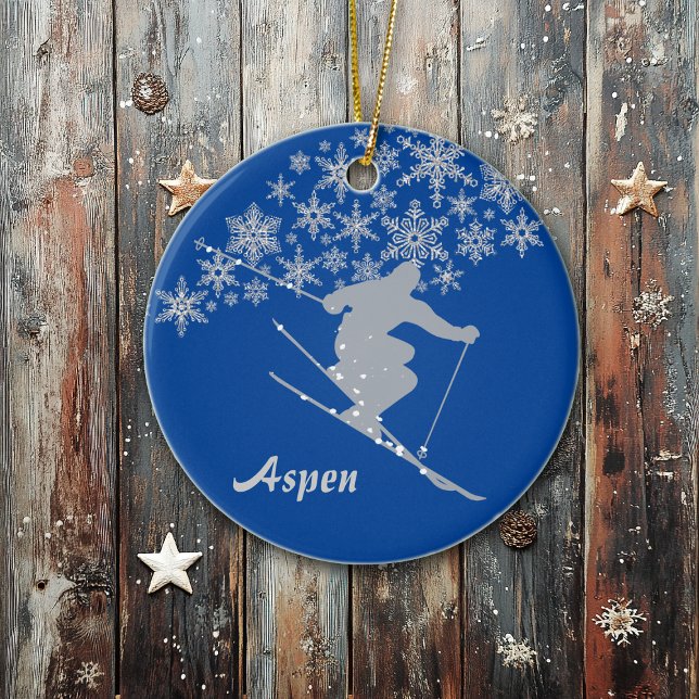 Aspen Snowflake Skier Personalized Ceramic Tree Decoration (Creator Uploaded)