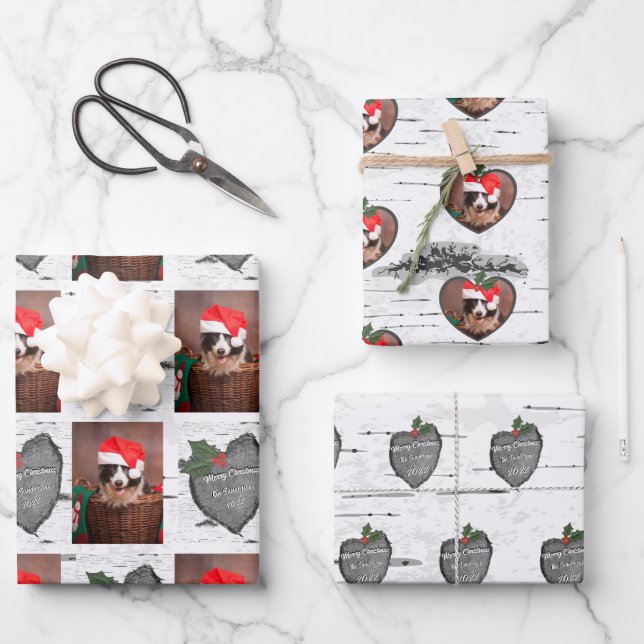 Aspen Tree Rustic Wood Heart Family Photo Xmas Wrapping Paper Sheet (Front)