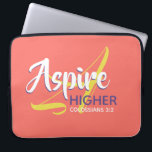ASPIRE HIGHER Inspirational Coral Christian Laptop Sleeve<br><div class="desc">Inspirational message - Aspire Higher - with Scripture reference Colossians 3:2 "Set your mind on things above". A motivational message, simply yet stylishly displayed. Monogram A for Aspire in the background. All text is fully customisable, so you can personalise with your own monogram, favourite message and Scripture reference, or you...</div>