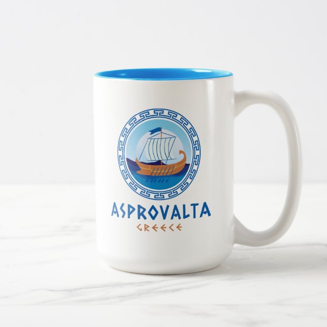 Asprovalta, Greece Greek Ship Design Two-Tone Coffee Mug (Right)