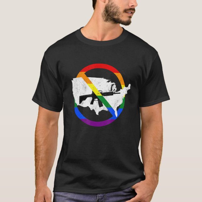 Assault Weapon Ban Sign  Map of USA  Rainbow Flag  T-Shirt (Front)