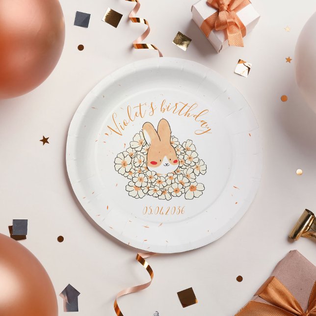 Assiette carton personnalisé anniversaire Lapin Paper Plate (Assiette carton personnalisé anniversaire Lapin fleurs blanches)