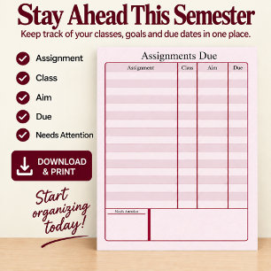Assignments Due Printable Digital Download Poster