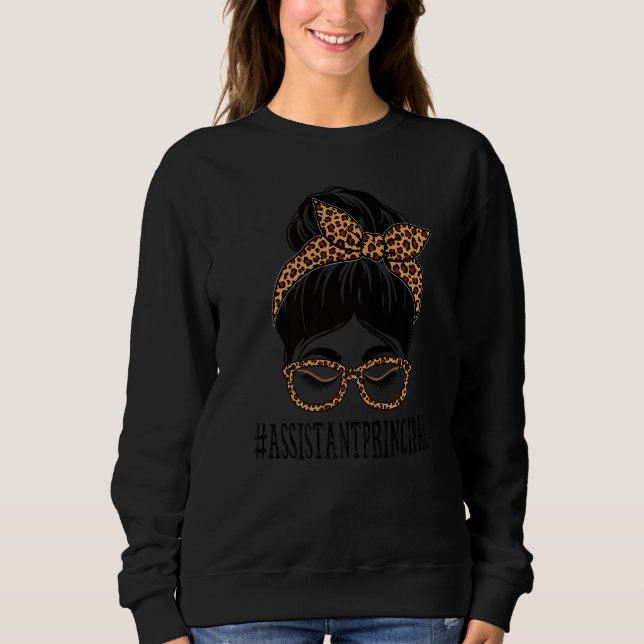 Assistant Principal Leopard Messy Bun Women Back T Sweatshirt (Front)