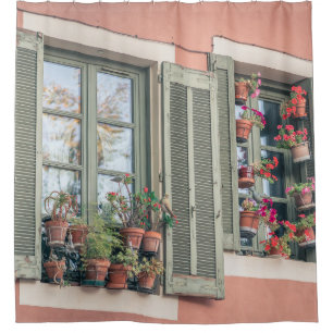 ASSORTED-COLOR FLOWERS IN VASE NEAR WINDOW SHOWER CURTAIN