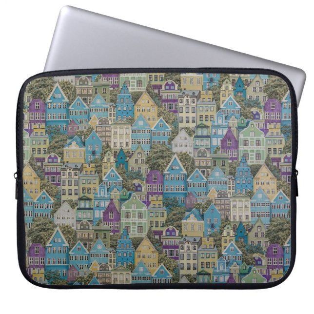Assorted-colour buildings painting laptop sleeve (Front)