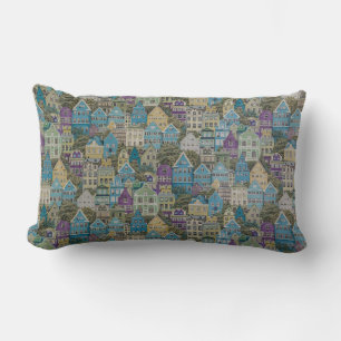 Assorted-colour buildings painting lumbar cushion