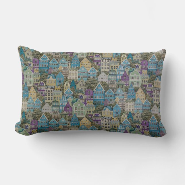 Assorted-colour buildings painting lumbar cushion (Front)