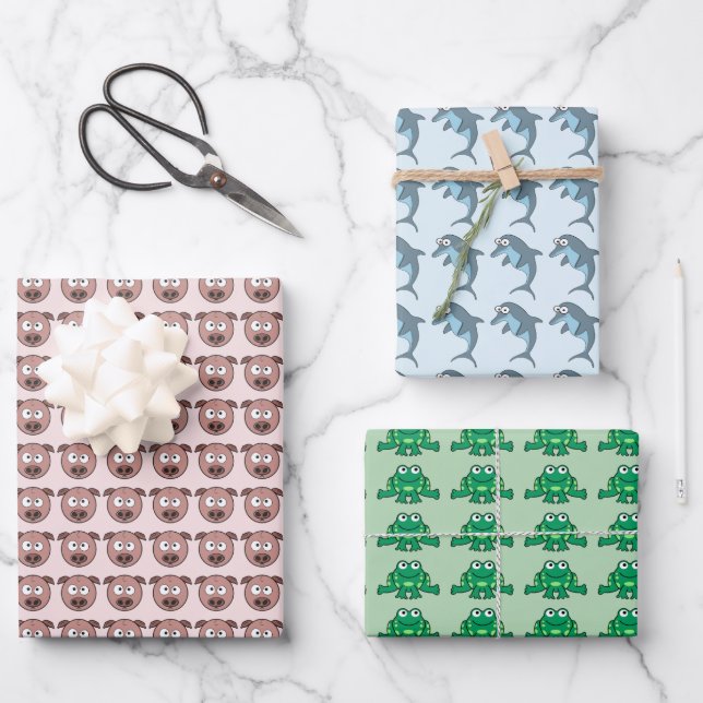 Assorted Critters Dolphin Pig Frog Wrapping Paper Sheet (Front)