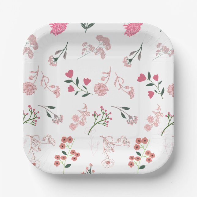 Assorted Delicate Flowers in Pattern Print Paper Plate (Front)