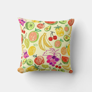 Assorted Fruit Doodle Pattern Reversible Yellow Cushion