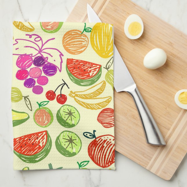Assorted Fruit Doodle Pattern Tea Towel (Quarter Fold)