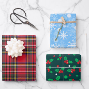 Assorted Holiday Christmas Snow, Mistletoe, Plaid Wrapping Paper Sheet