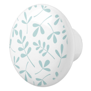 Assorted Leaves Duck Egg Blue on White Ceramic Knob