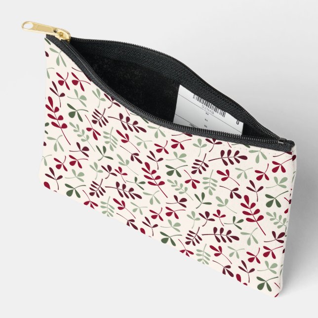 Assorted Leaves Pattern Reds & Greens on Cream Accessory Pouch (Open)