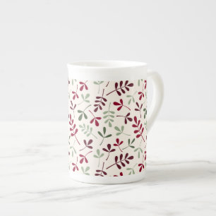 Assorted Leaves Pattern Reds & Greens on Cream Bone China Mug