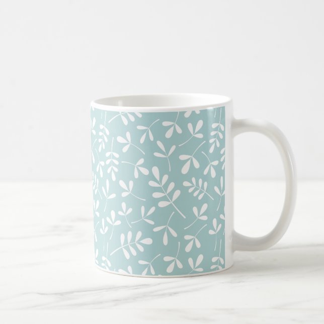Assorted Leaves Pattern White on Duck Egg Blue Coffee Mug (Right)