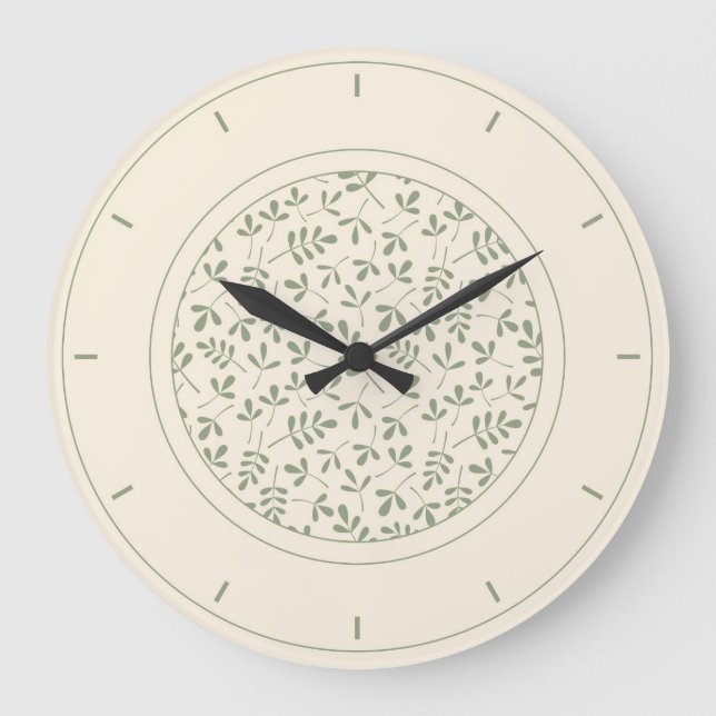 Assorted Leaves Ptn Green on Cream & Surround Large Clock (Front)